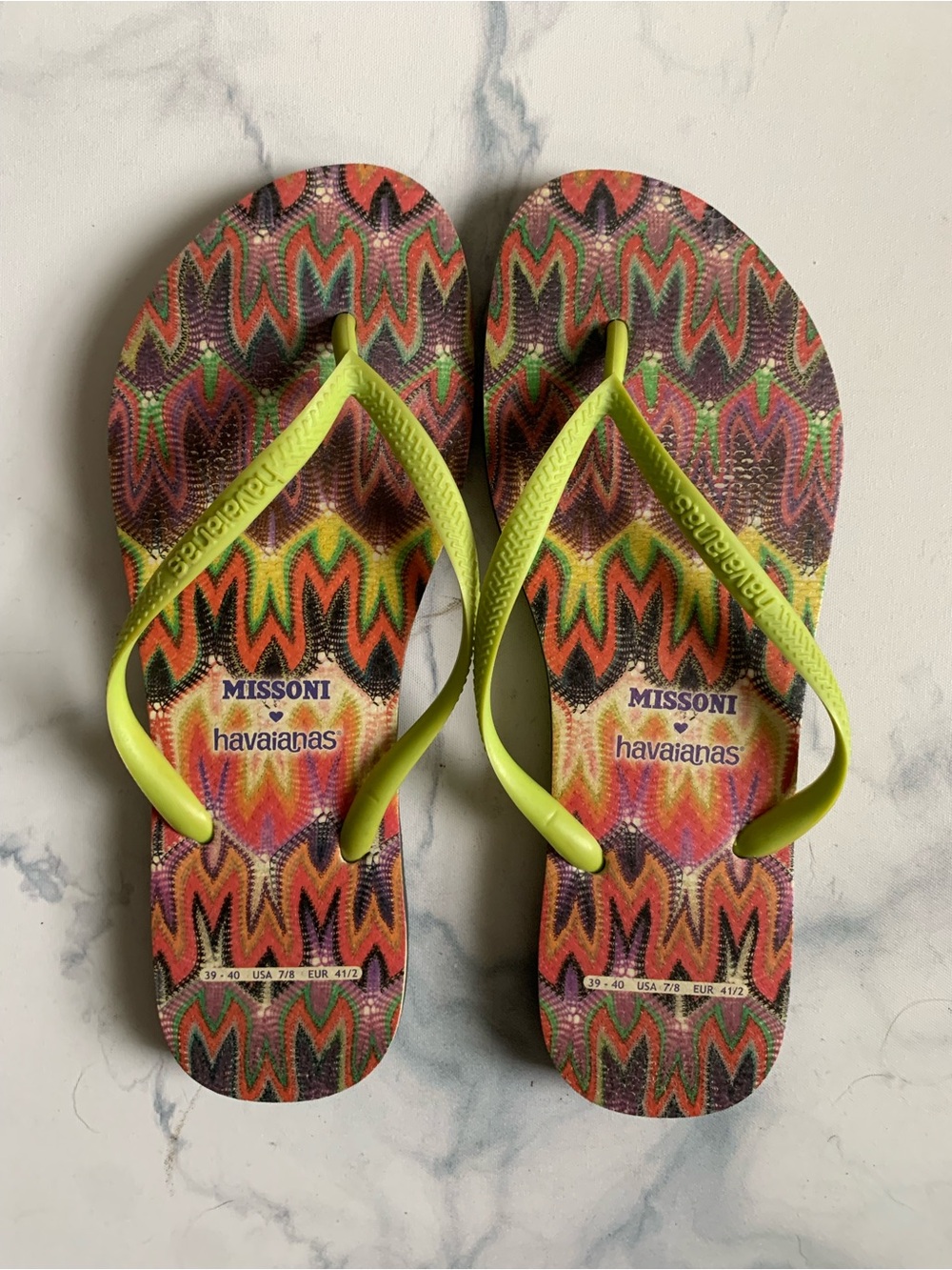 Missoni x Havaianas Multicolor Chevron Flip Flops with Lime Straps